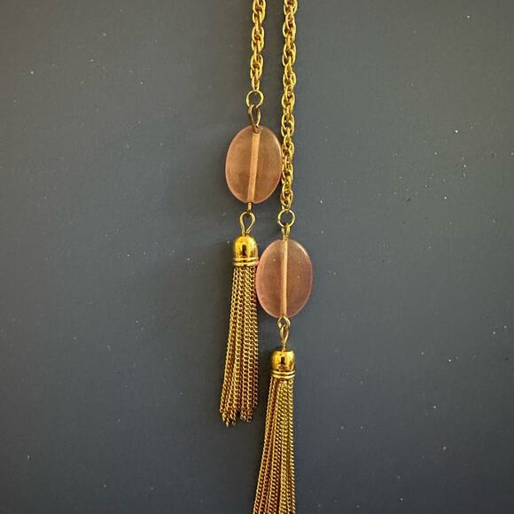 Stylish Gold Tone Lariat Necklace with Tassels & Pink Quartz - Picture 2 of 4
